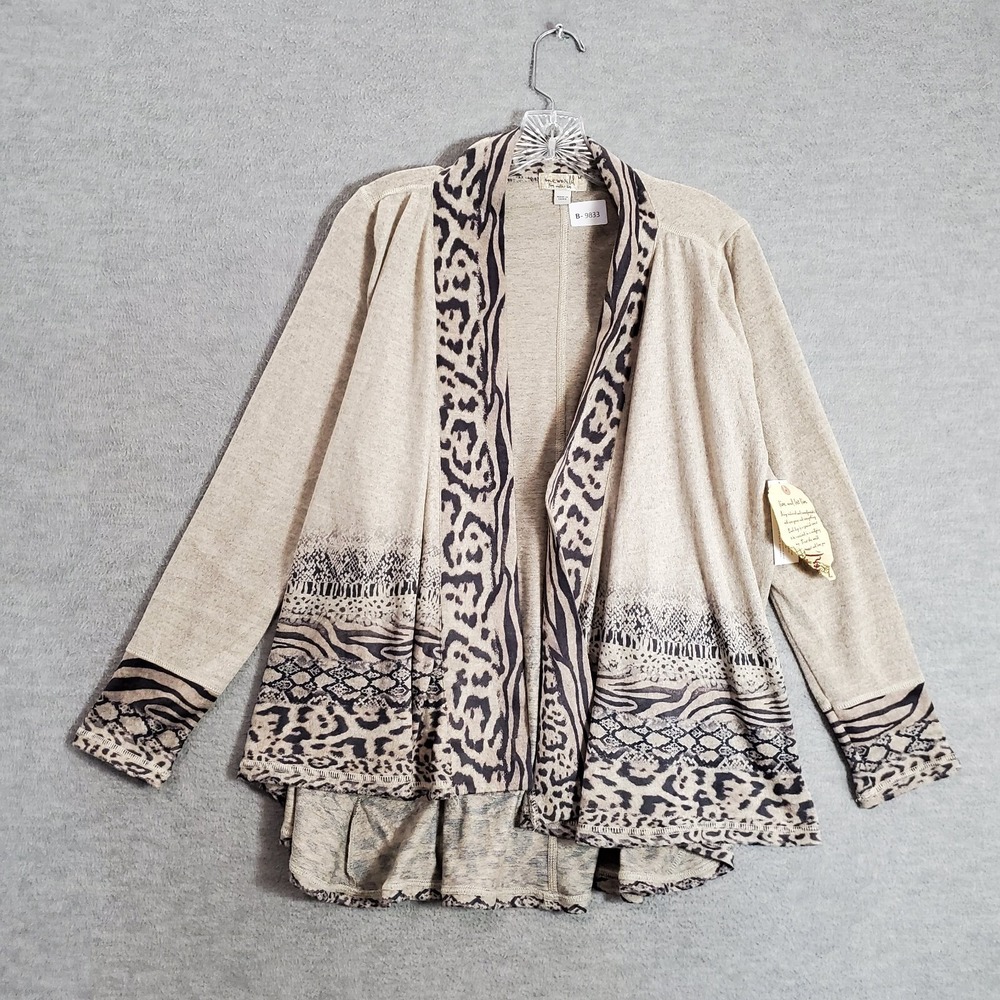 One World Women Sweater Medium Brown Leopard Cardigan Zebra Open Front NWT